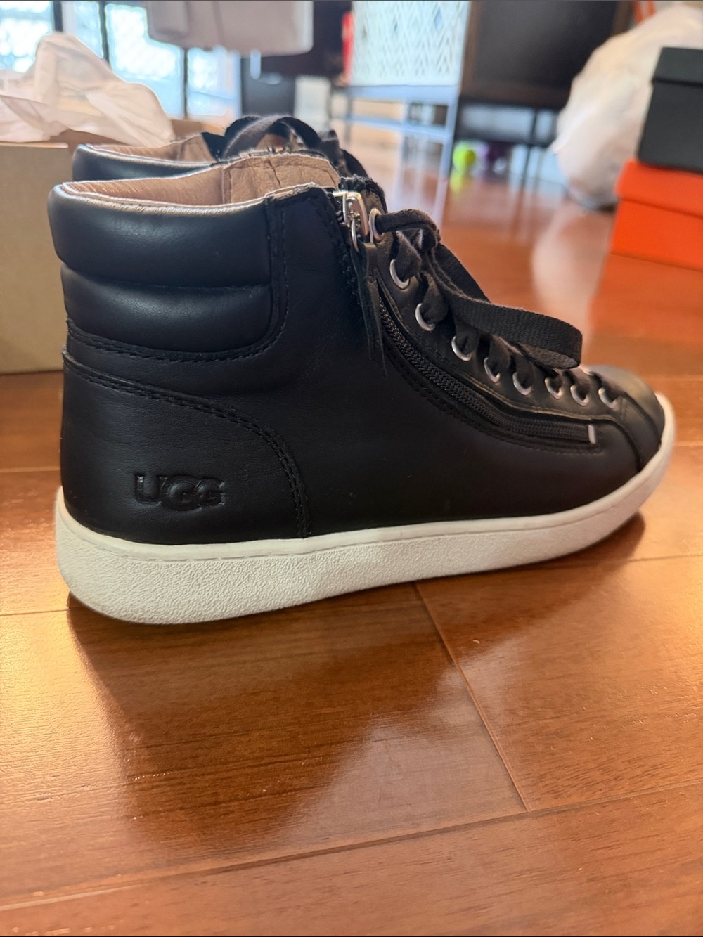 UGG Men's Black Leather High-Top Sneaker with White Sole
